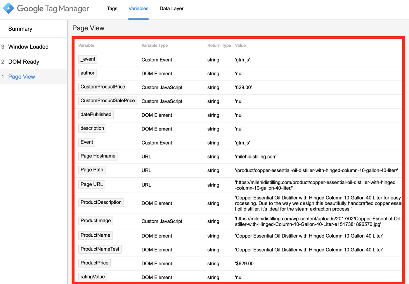 Variable Values Returned